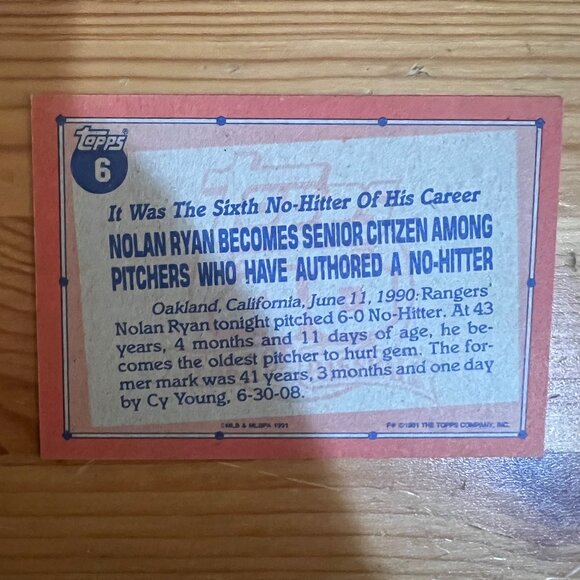 1991 Topps Baseball #6 Nolan Ryan - Picture 2 of 2